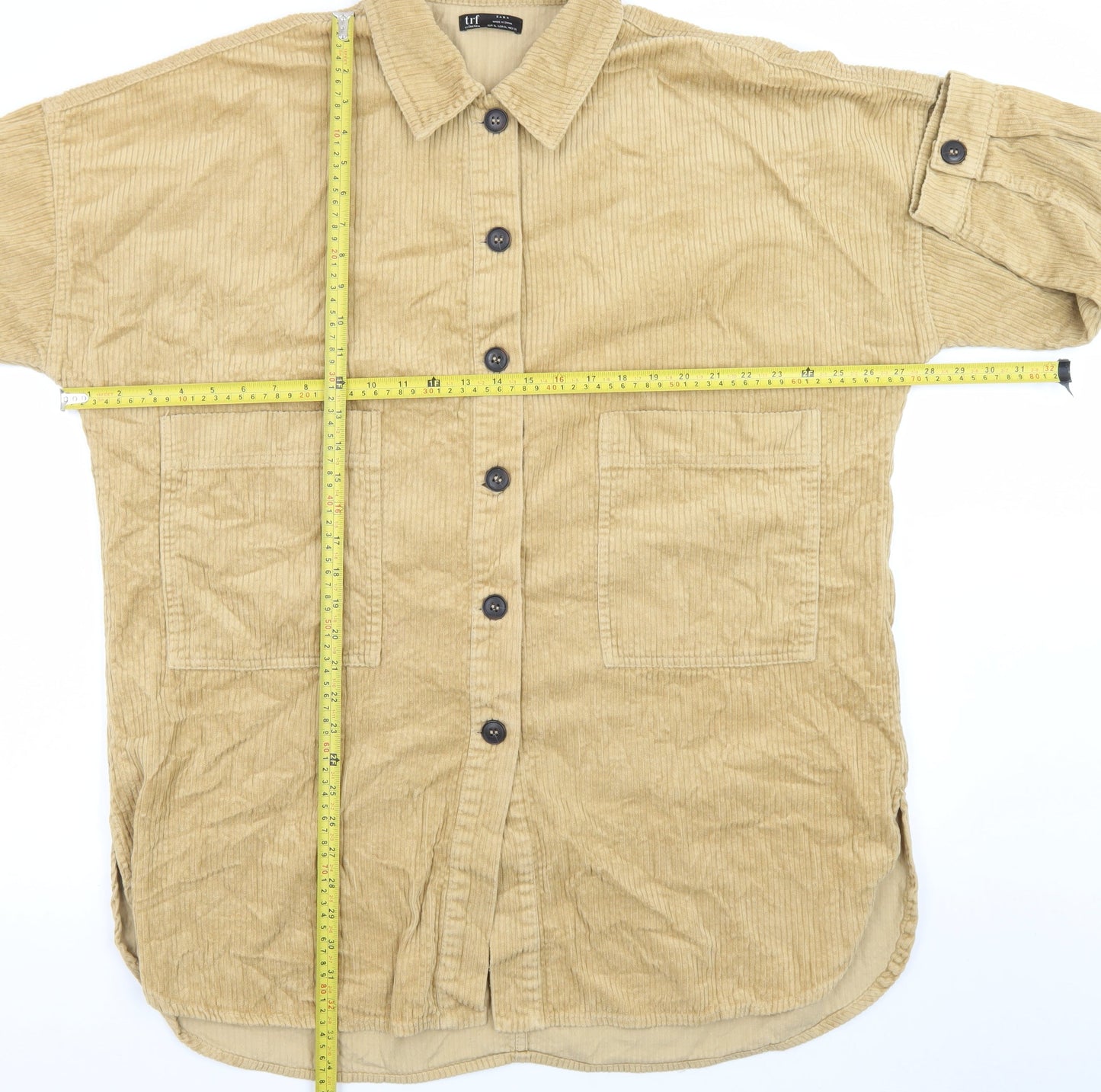 Zara Women Beige Corduroy Shirt Dress Size 16 Collared 3/4 Sleeve