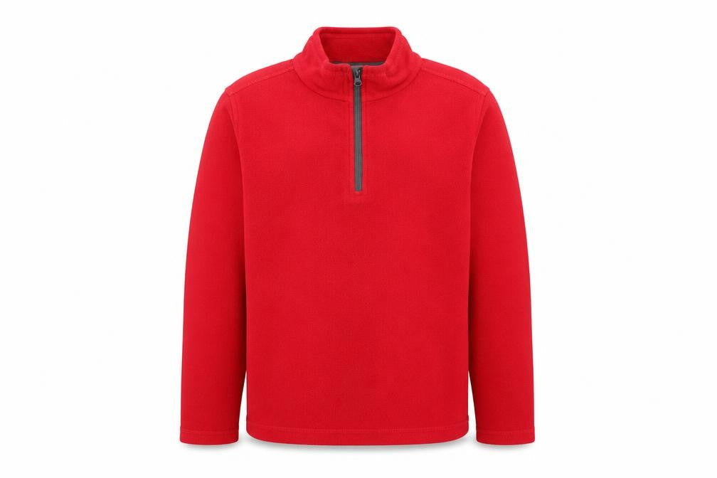 Front view of Regatta boys’ red fleece pullover sweatshirt 1/4 zip, size 16, years