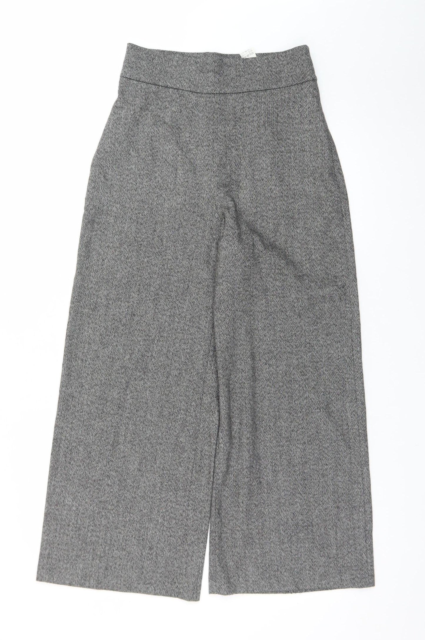 Zara Women Grey Herringbone Wide-Leg Cropped Trousers XS