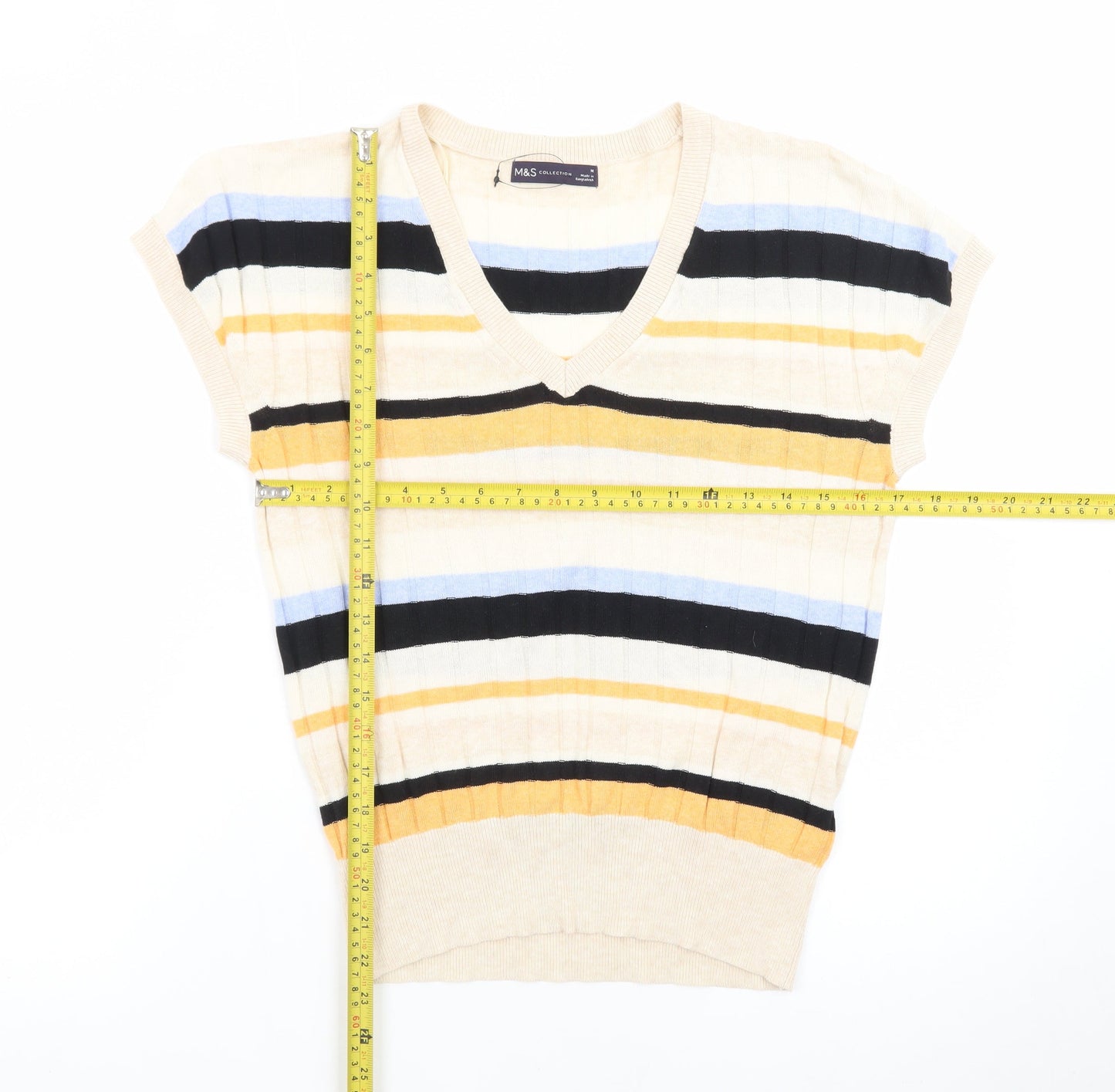 Marks and Spencer Women's Multicoloured V-Neck Striped Short Sleeve Jumper M