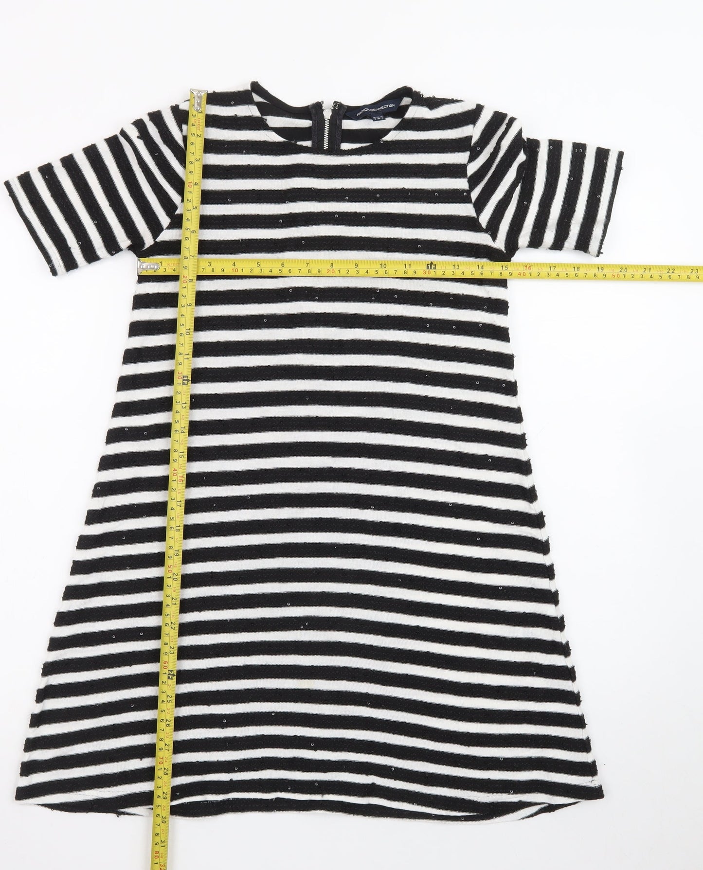 French Connection Women's Black White Striped Shift Dress Size 8