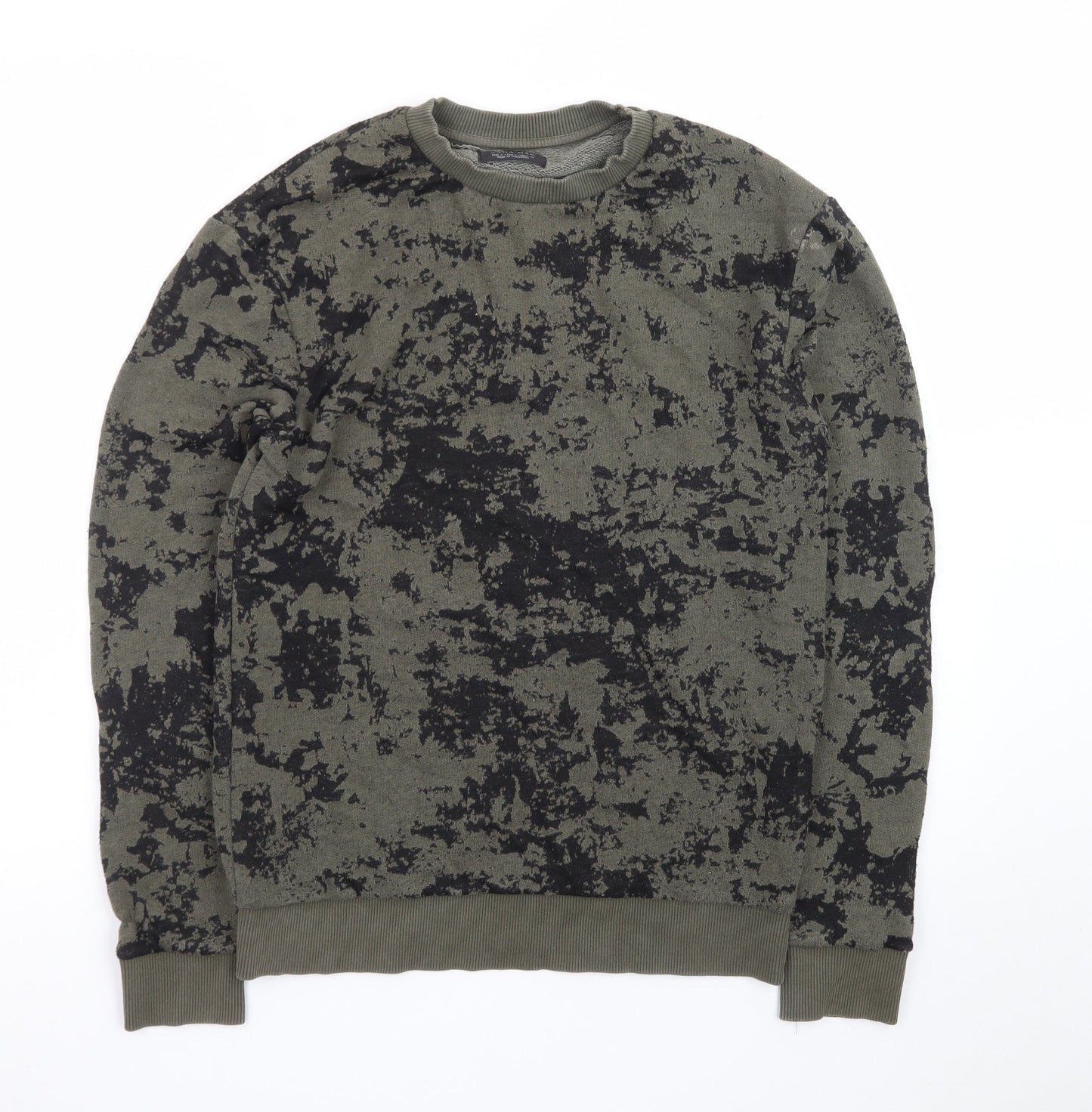 Zara Man Green Camouflage Crew Neck Pullover Sweatshirt Size S