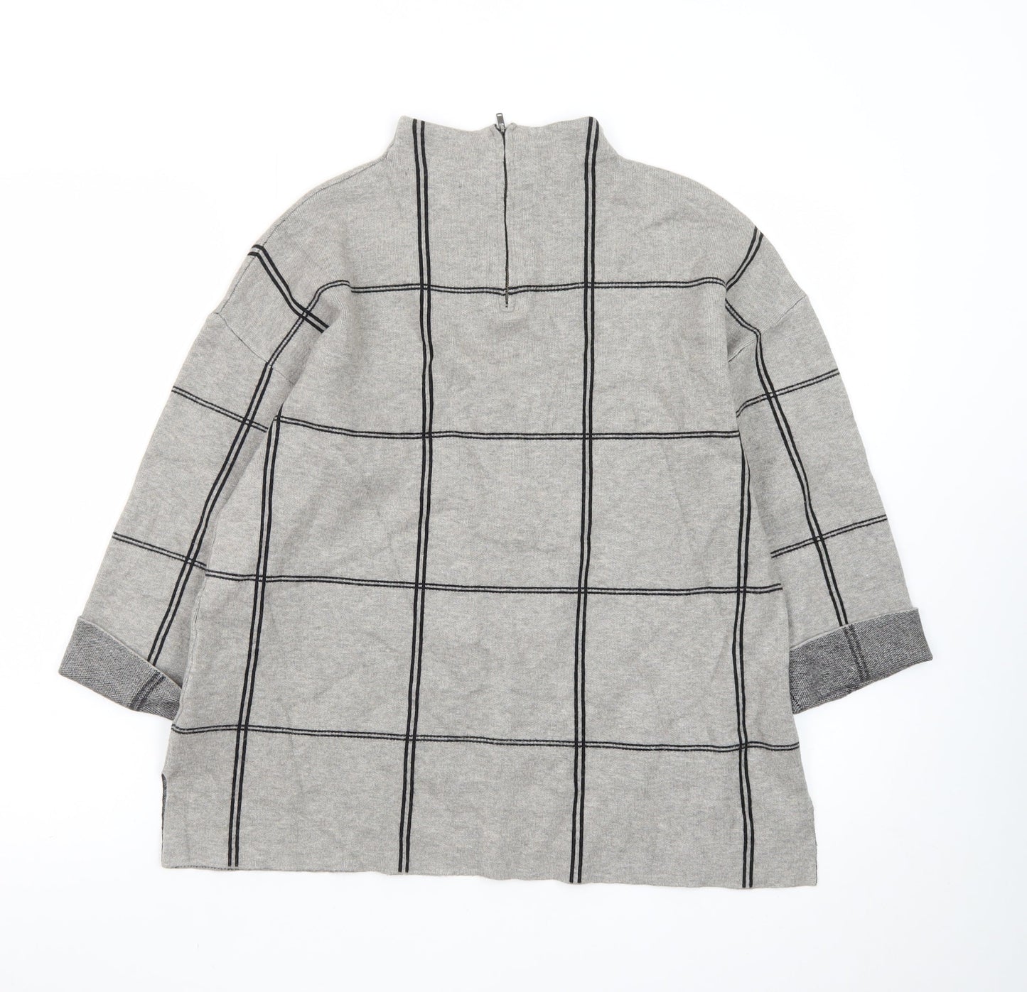 Tahari Women Grey Check Tunic Top Mock Neck 3/4 Sleeve Size M