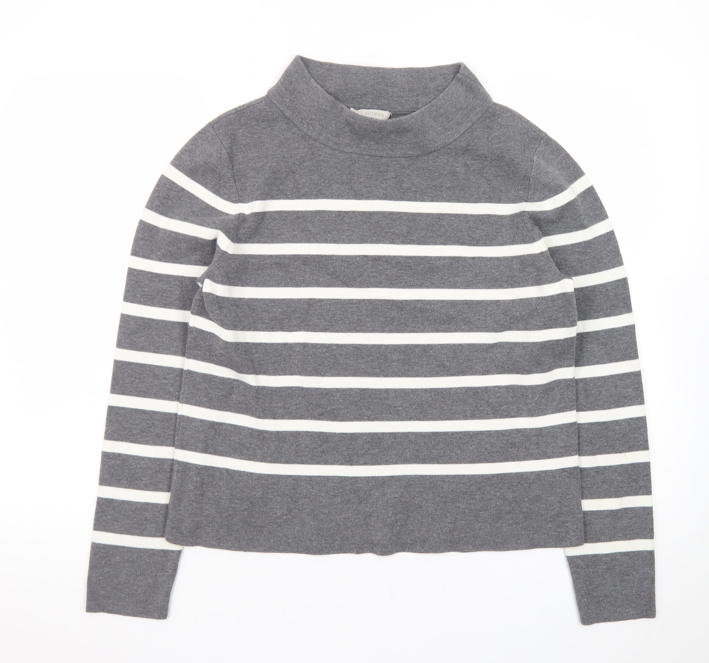 Hobbs Women’s Grey Striped Mock Neck Cotton Jumper Size M