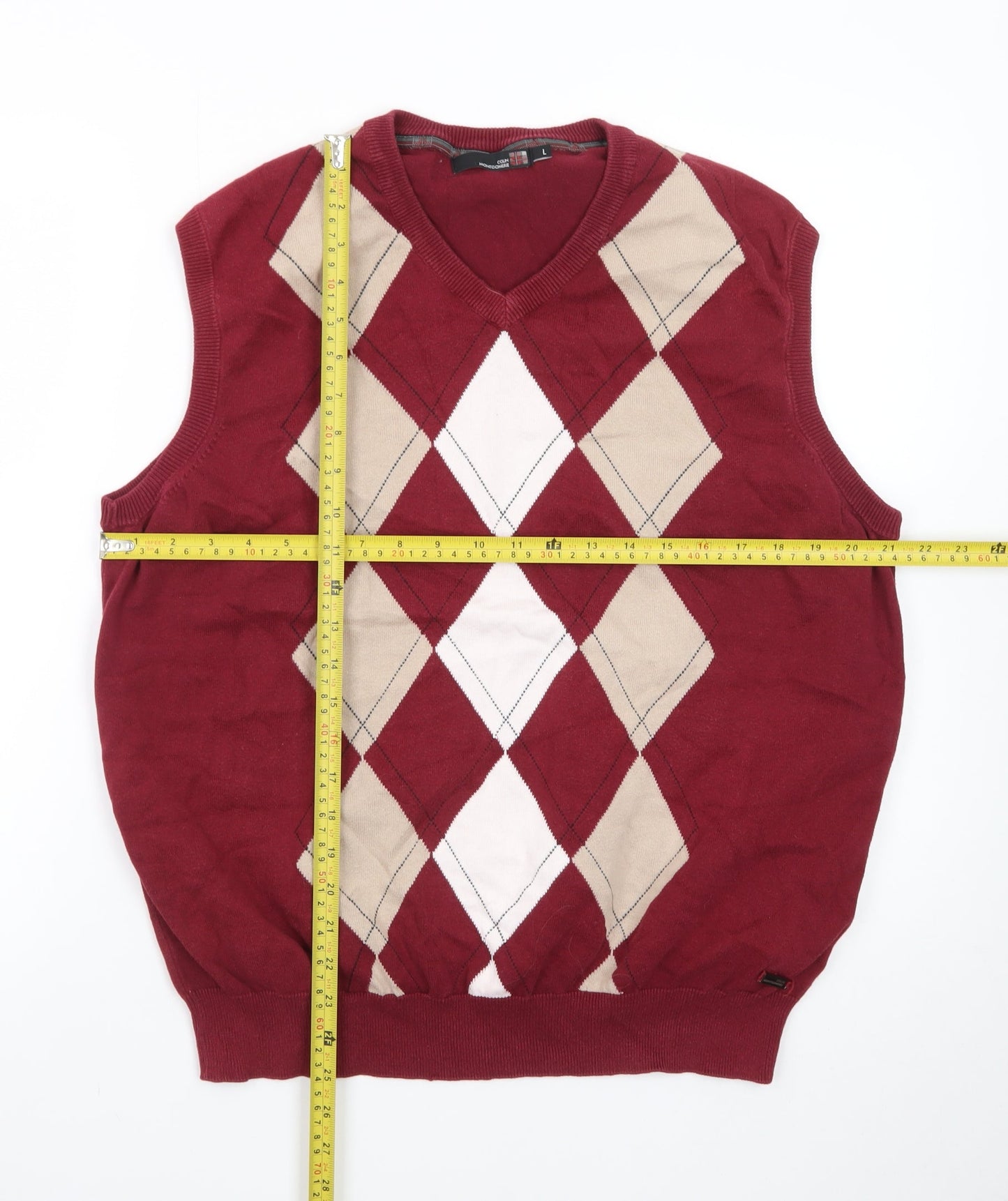 Colin Montgomerie Men's Red Argyle Cotton V-Neck Golf Vest L