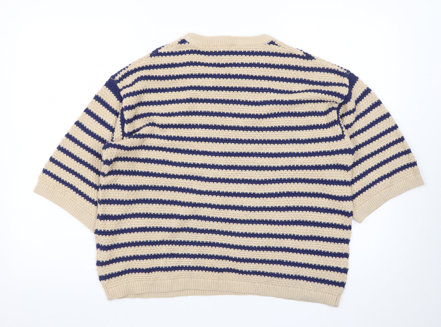 b.young Men's Beige Striped Cotton Short Sleeve Crew Neck Pullover Jumper L