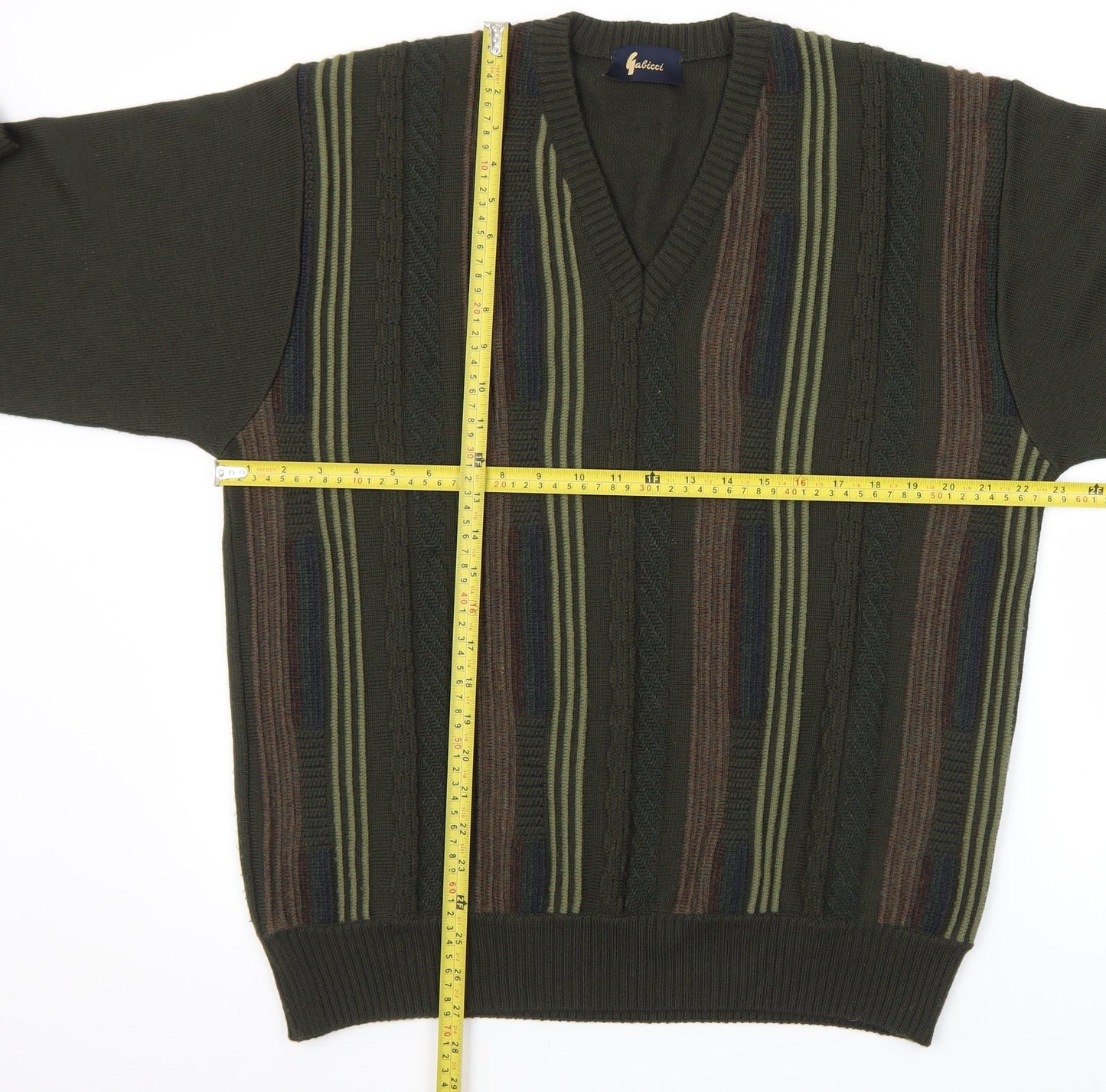 Gabicci Women's Green Striped V-Neck Merino Wool Blend Jumper L