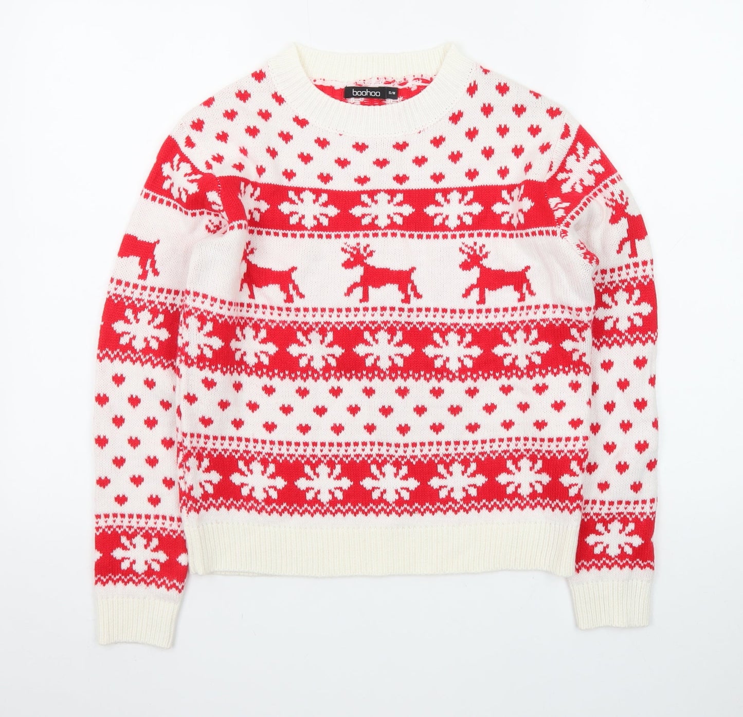 Boohoo Women’s Red Christmas Reindeer Fair Isle Knit Jumper S