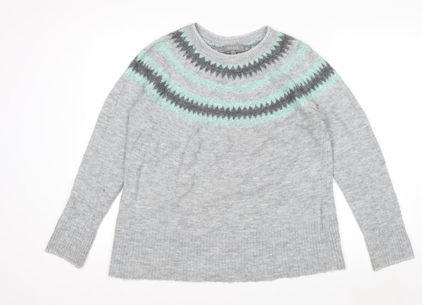 Oasis Womens Grey Fair Isle Rhinestone Knit Jumper Size M