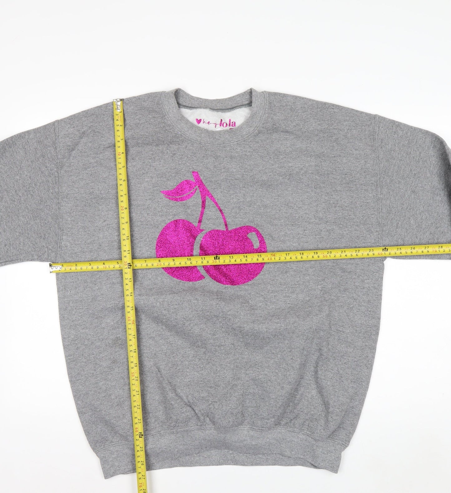 Hey Lola Womens Grey Cherry Graphic Pullover Sweatshirt L