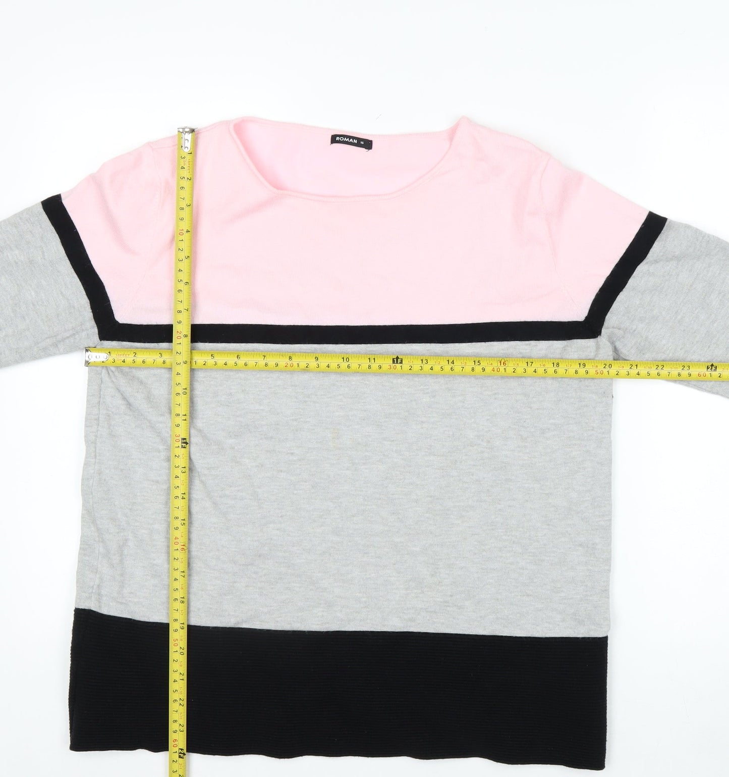 Roman Women’s Pink Grey Black Colour Block 3/4 Sleeve Pullover Jumper Size 16