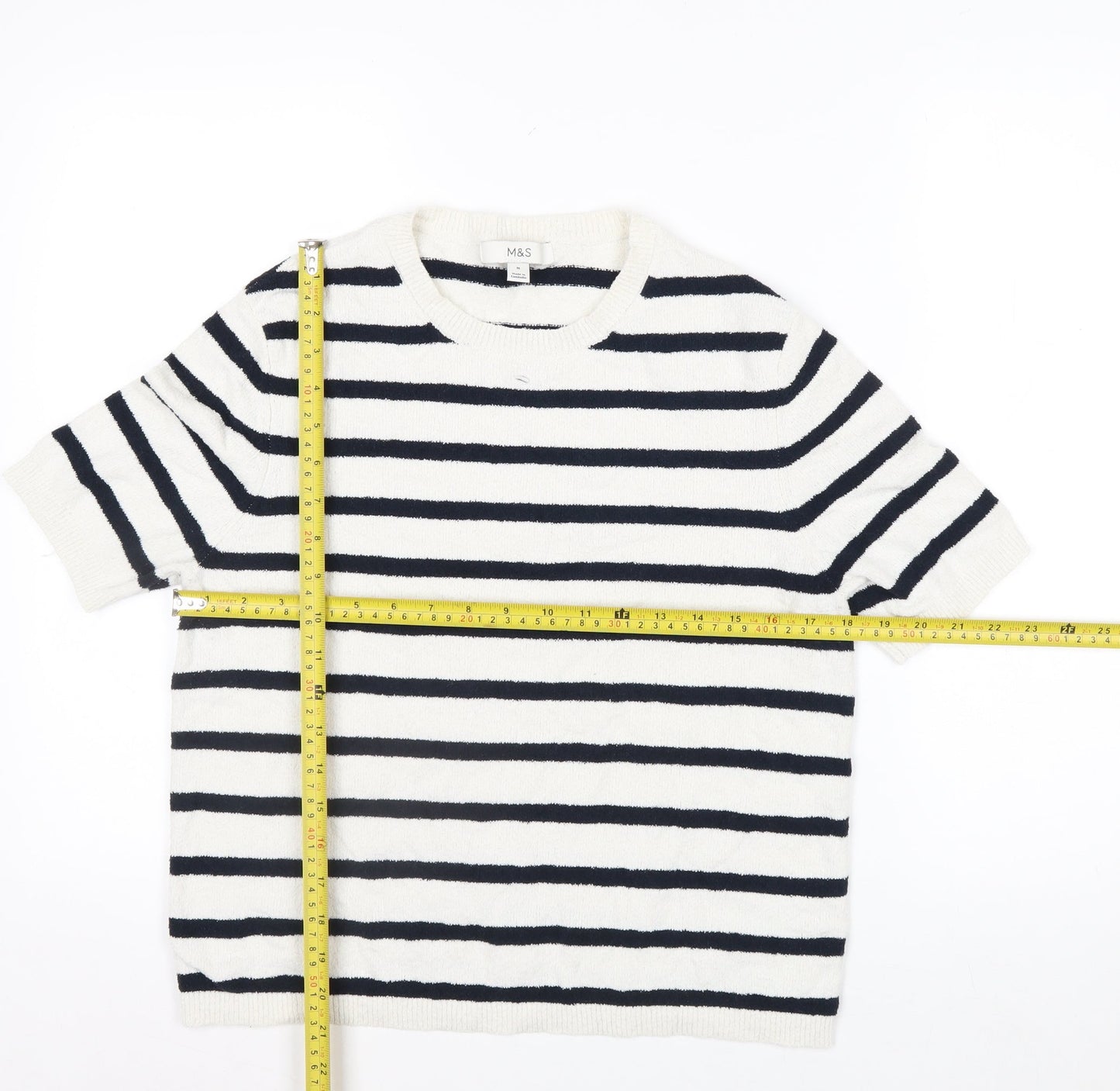 Marks and Spencer Womens White Striped Knit Short Sleeve T-Shirt M