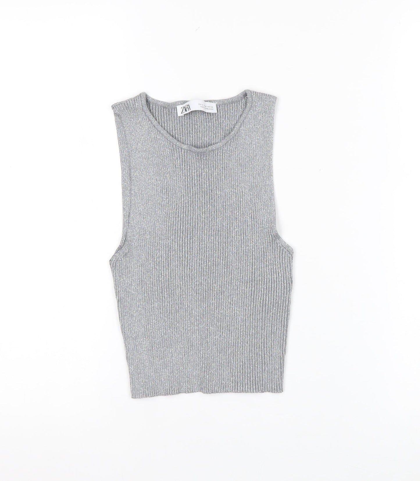 ZARA Women Grey Ribbed Knit Cropped Tank Top Size S