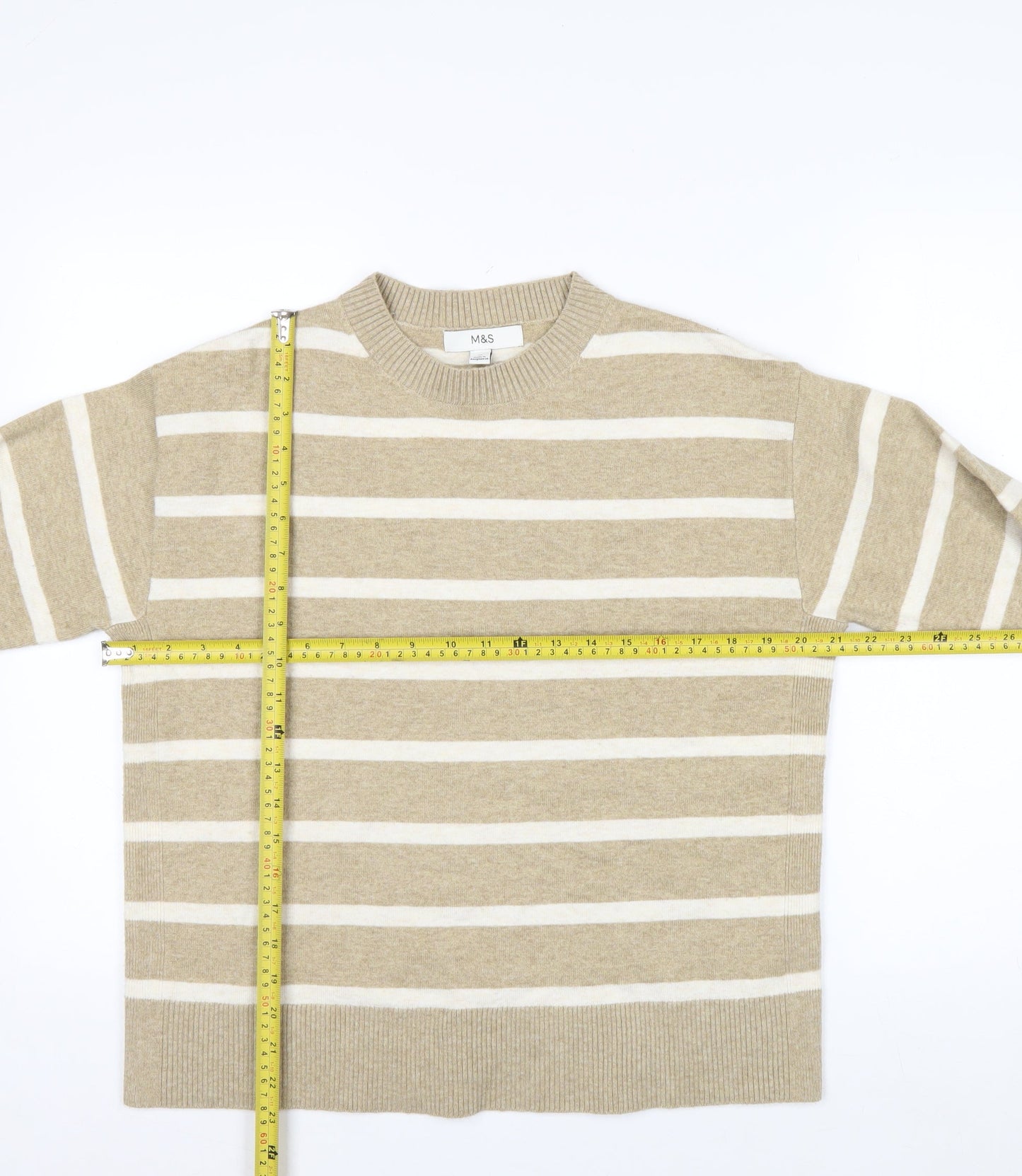 Marks and Spencer Men's Beige Striped Crew Neck Jumper Size M