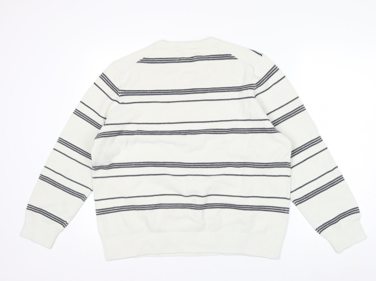 Marks and Spencer Men's White Striped Cotton Crew Neck Jumper XL