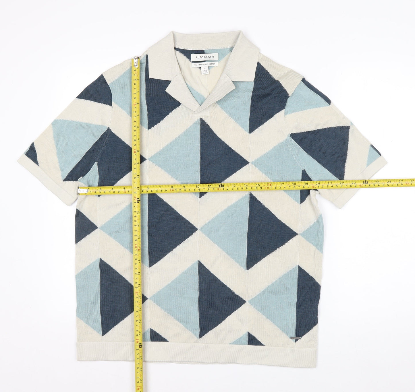 Marks and Spencer Autograph Men's Blue Geometric Cotton Polo L