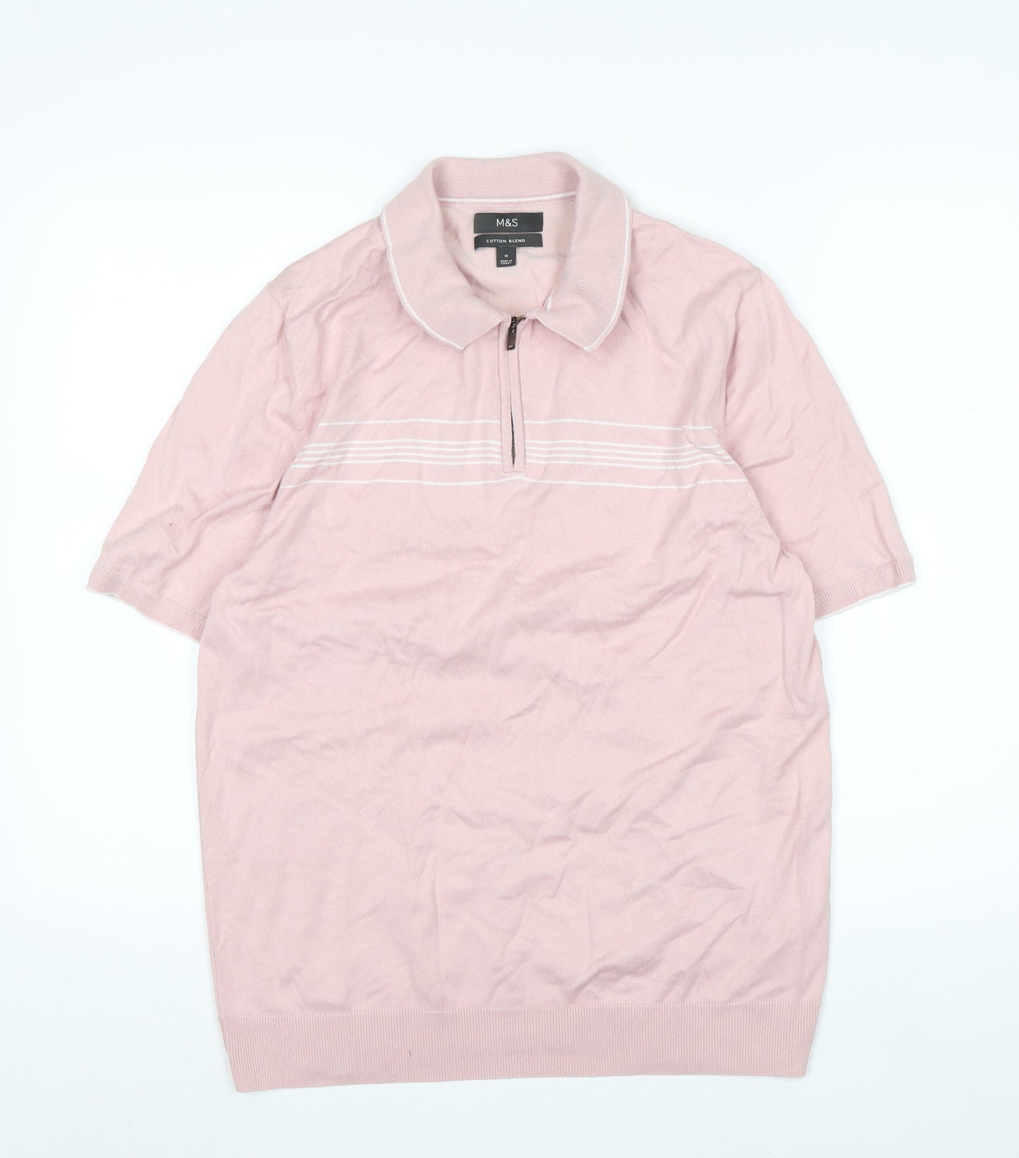 Marks and Spencer Men's Pink Cotton Blend 1/4 Zip Polo M