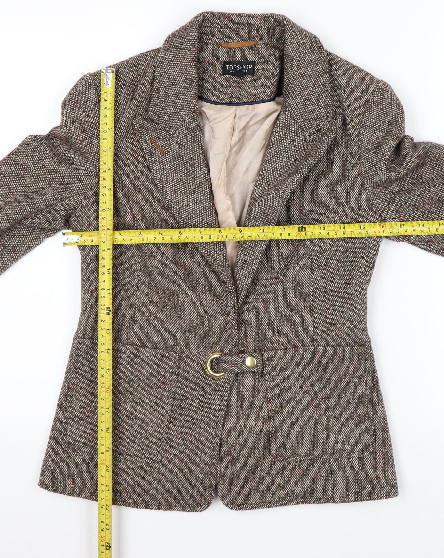 Topshop Women Brown Tweed Wool Blend Blazer UK 8 Classic Single-Breasted Jacket
