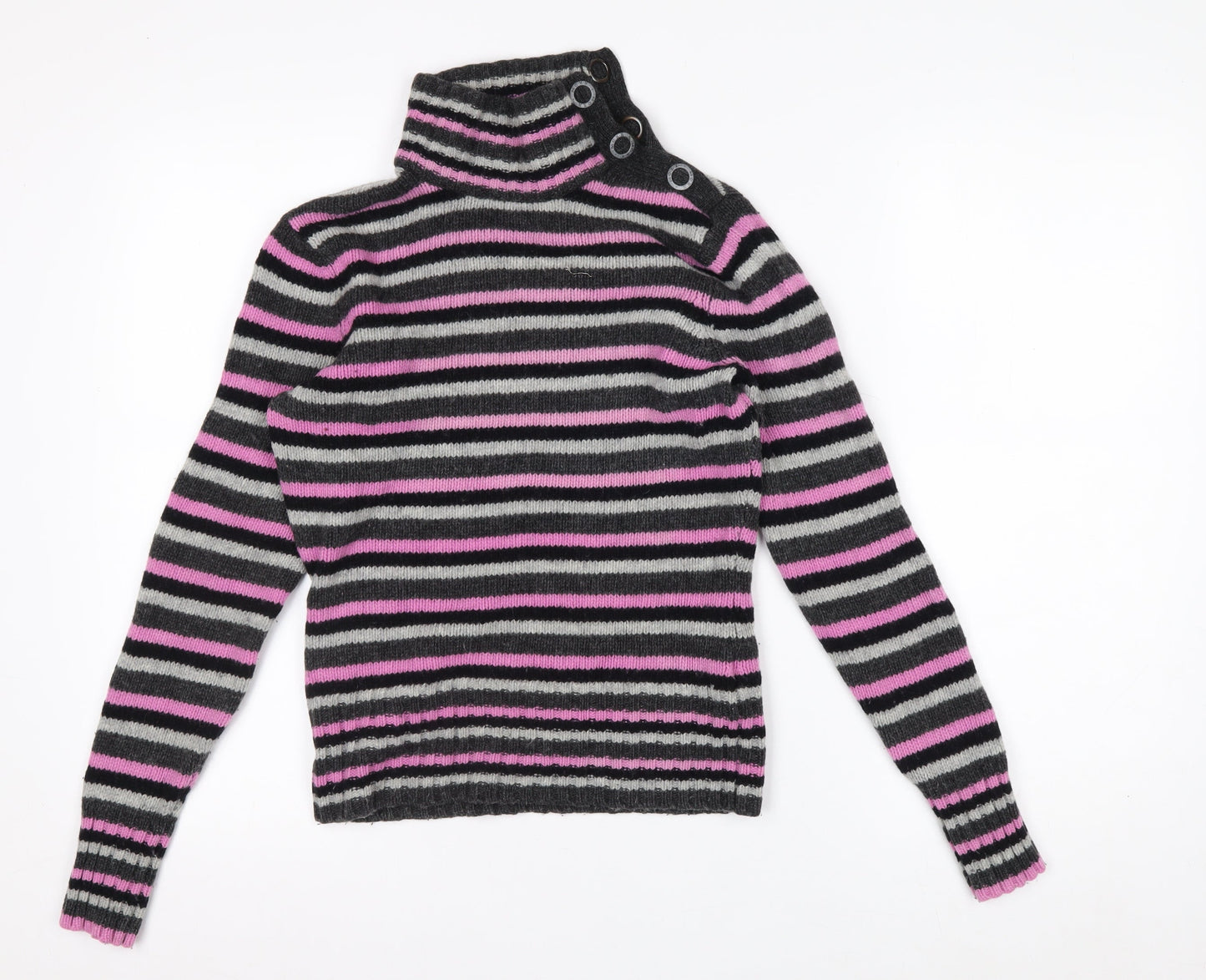 Mexx Women's Grey Pink Striped Roll Neck Wool Blend Jumper Size S