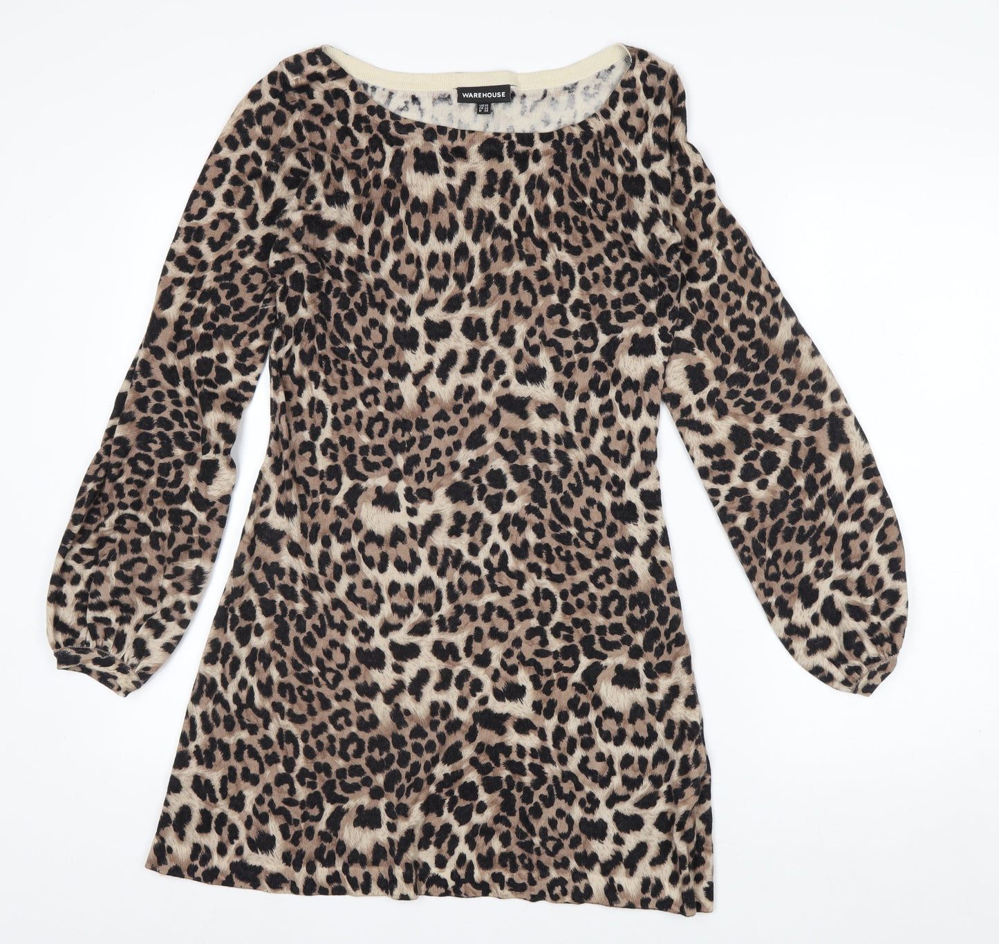 Warehouse Women Brown Leopard Print Long Sleeve Shift Dress UK 10
