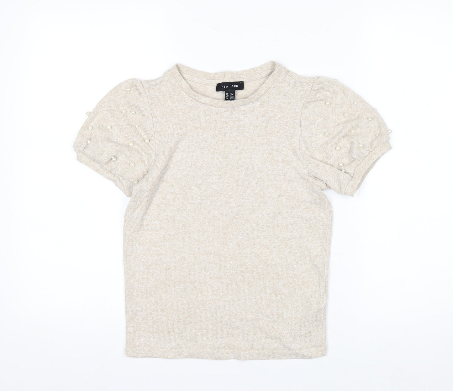 New Look Women’s Beige Beaded Puff Sleeve T-Shirt Size 6