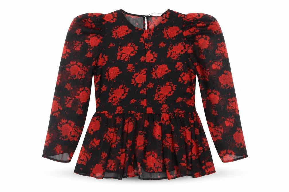 Zara Women Black Red Floral Tunic Blouse Size S Puff Sleeve