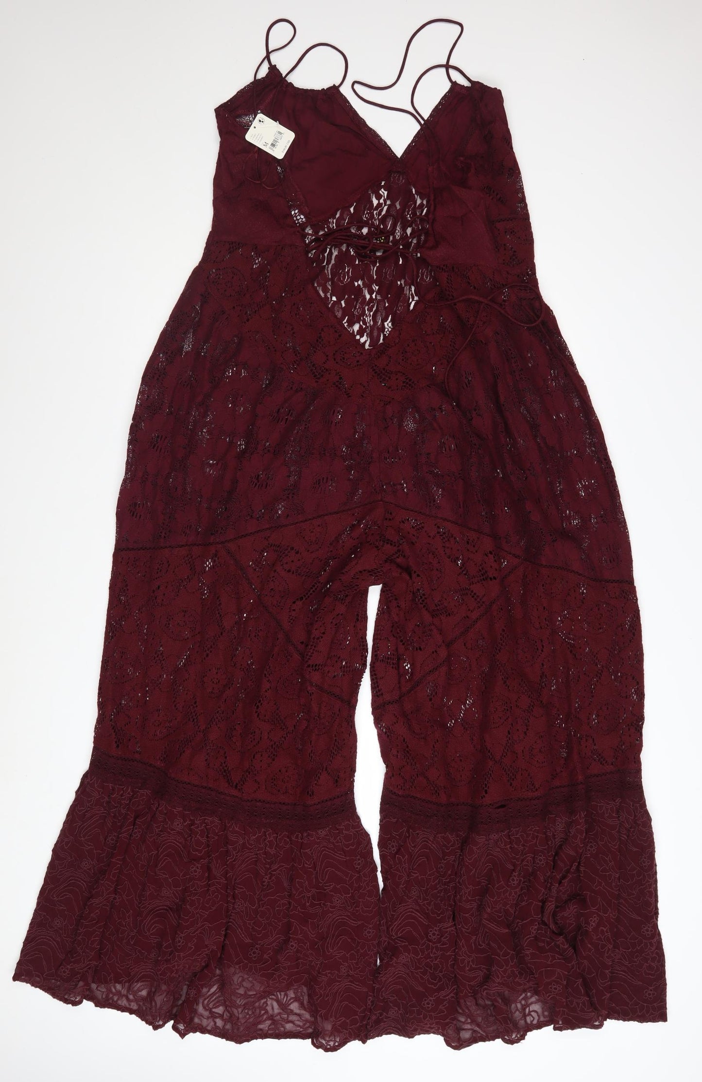 Free People Women's Red Lace Flared Jumpsuit Size M Boho Festival Style