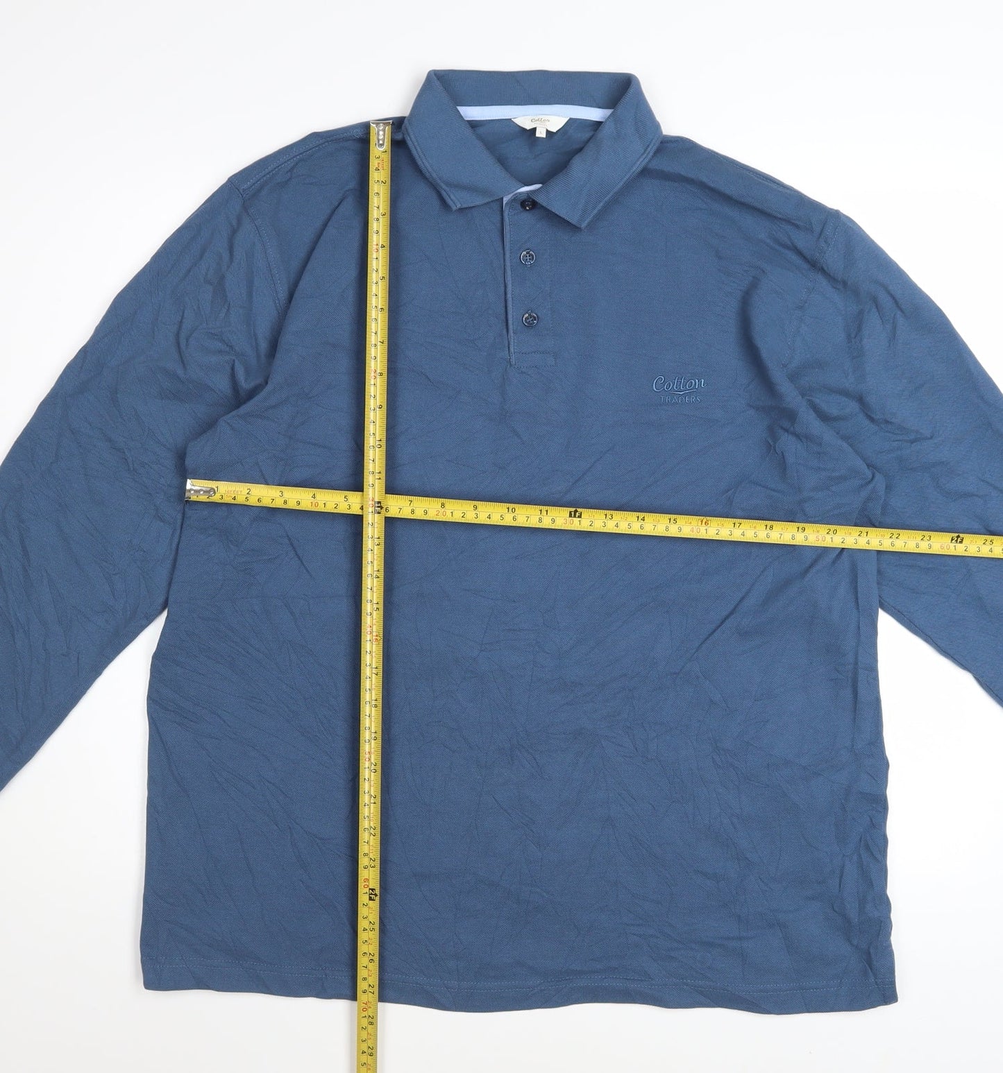Cotton Traders Men's Steel Blue Long Sleeve Polo Shirt L 100% Cotton