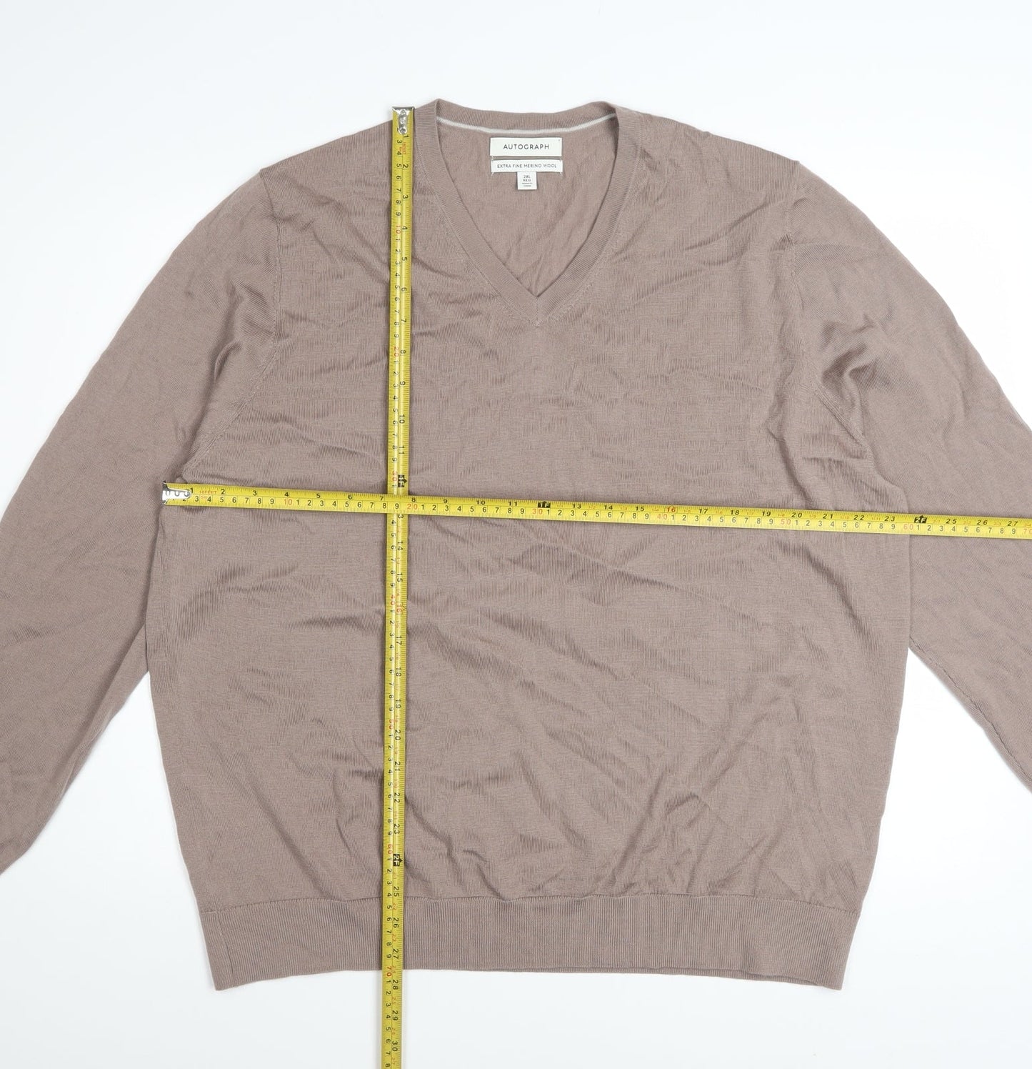 Marks and Spencer Men’s Beige 2XL V-Neck Merino Wool Jumper