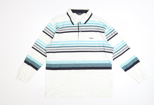 Giffini Men’s White Striped Long Sleeve Cotton Polo Shirt Size L