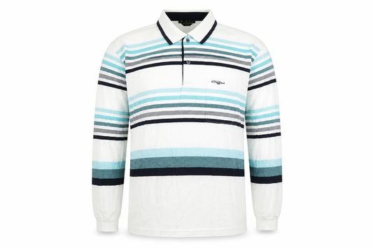 Giffini Men’s White Striped Long Sleeve Cotton Polo Shirt Size L