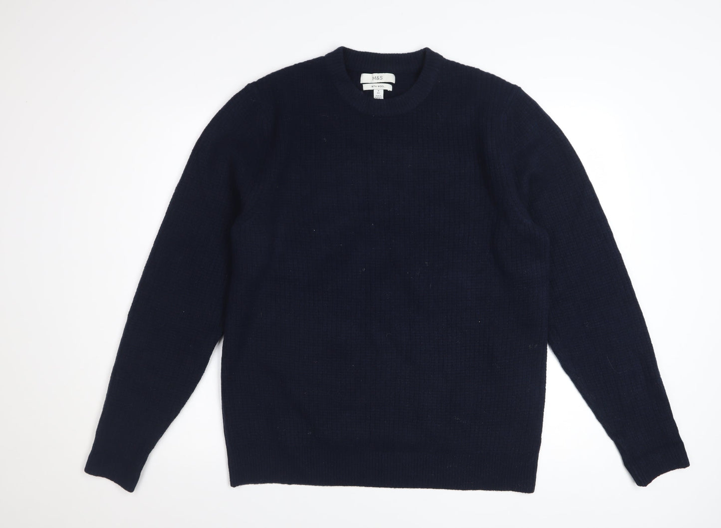 Marks and Spencer Men's Blue Wool Blend Crew Neck Jumper Size M