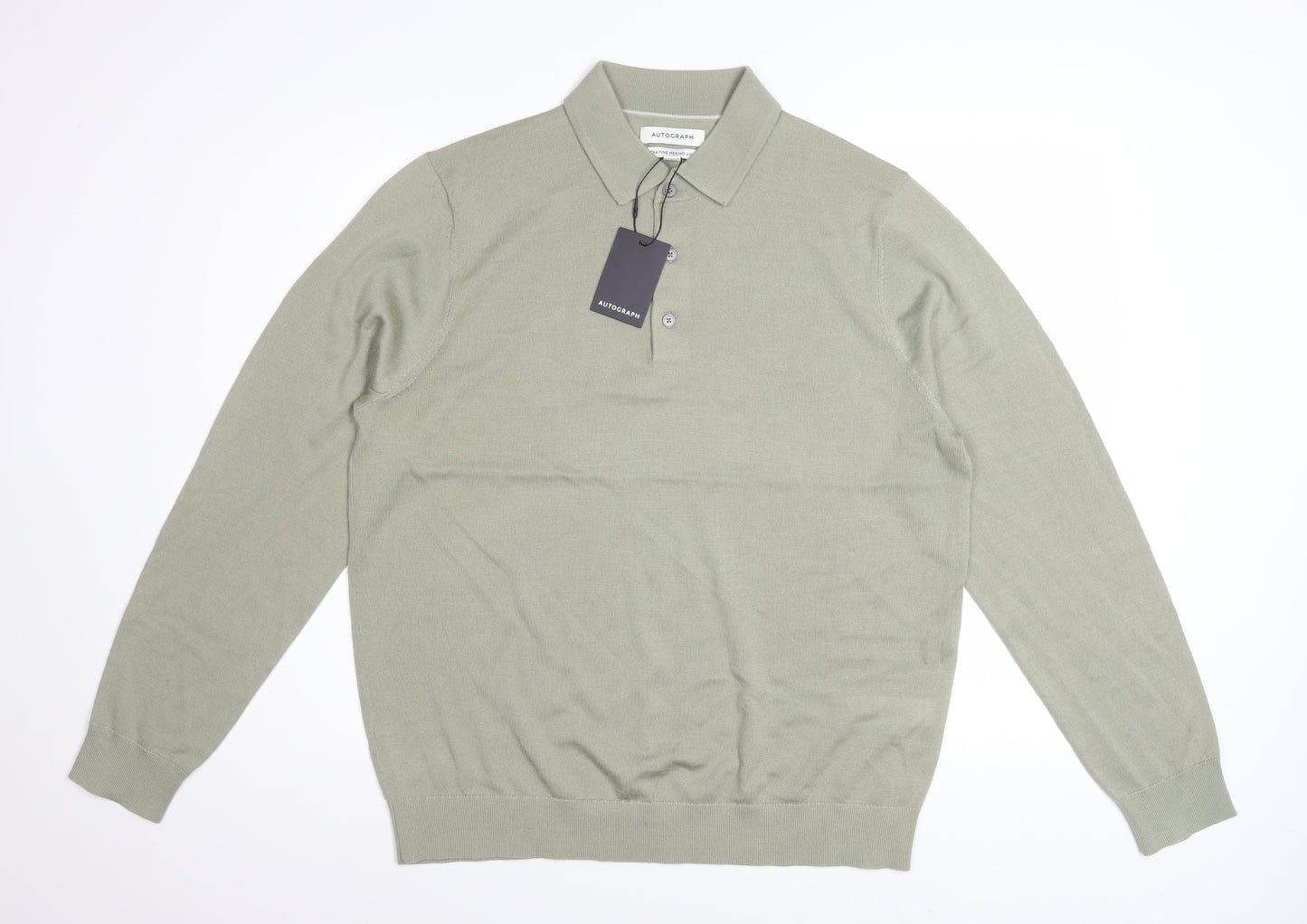 Marks and Spencer Autograph Men's Green Merino Wool Long Sleeve Polo Large