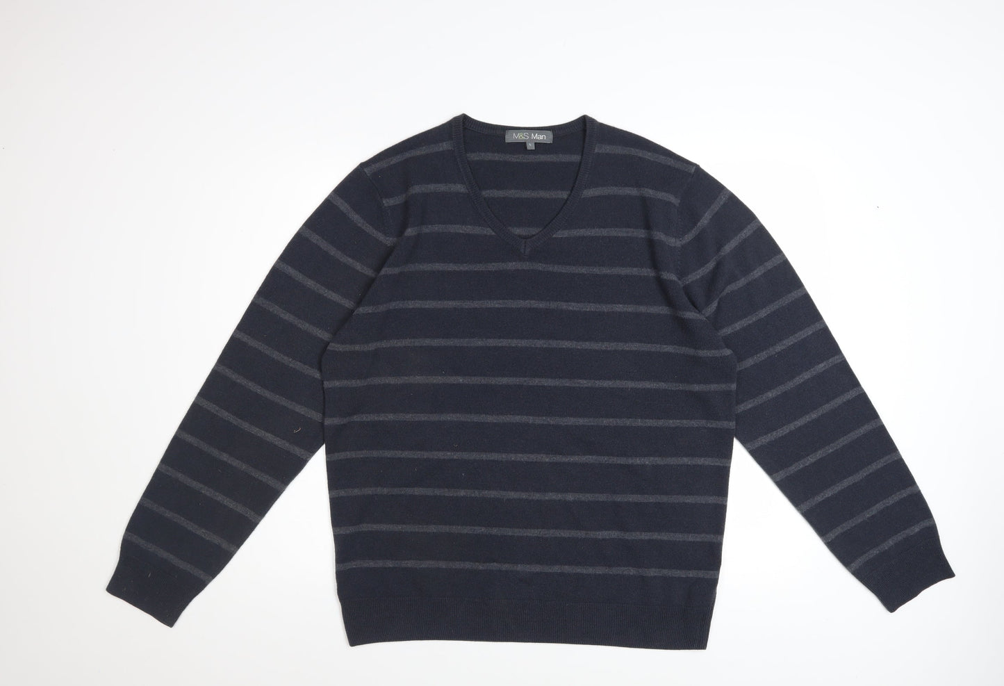 Marks and Spencer Men Blue Striped V-Neck Pullover Jumper Size L