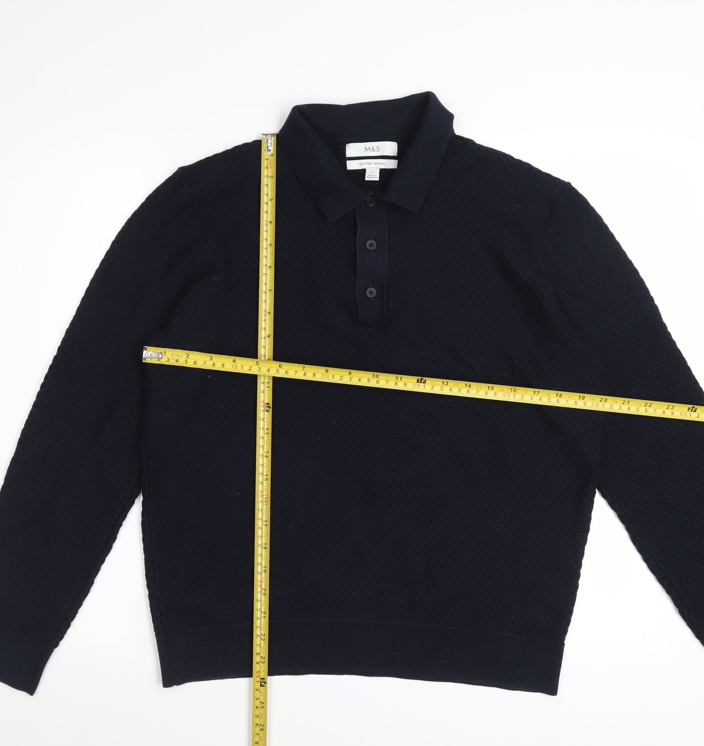 Marks and Spencer Men's Navy Long Sleeve Cotton Modal Polo L