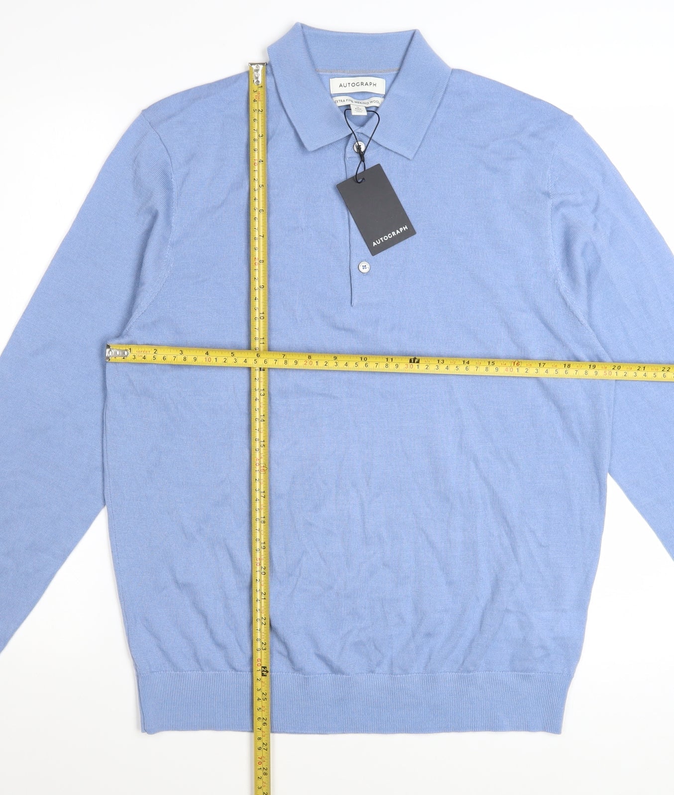 Marks and Spencer Autograph Men's Smokey Blue Merino Wool Long Sleeve Polo M