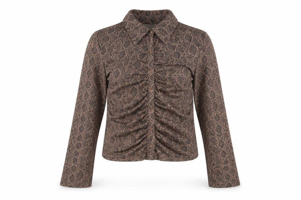 Monki Women Brown Snake Print Cropped Button-Up Shirt M
