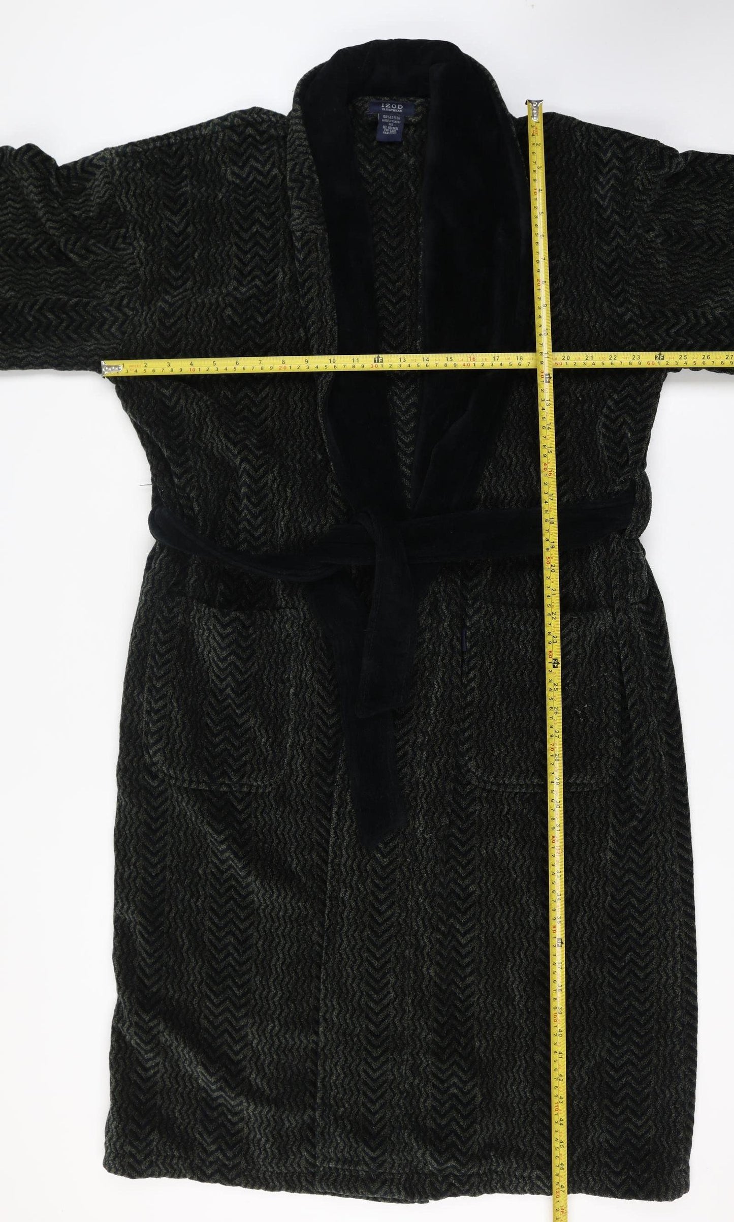 Izod Men's Black Cotton Robe One Size Herringbone Belted Nightwear