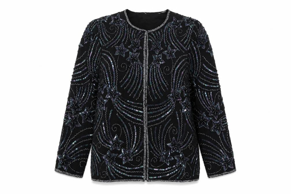 Night Vogue Women's Black Beaded Sequin Tunic Blouse Size M