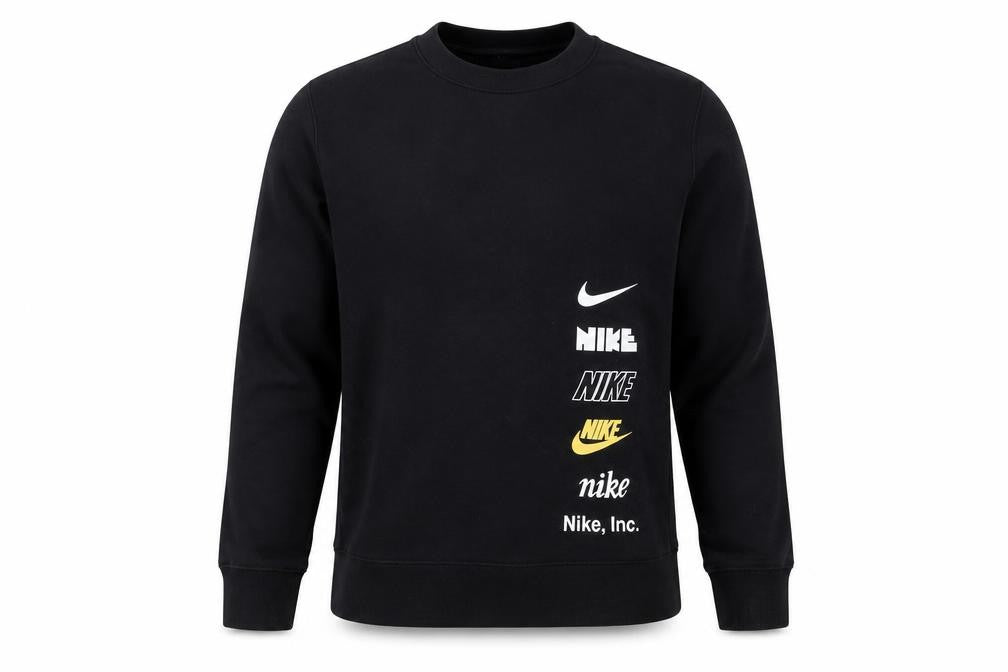 Front view of Nike boys’ black medium crew neck pullover sweatshirt with logo print