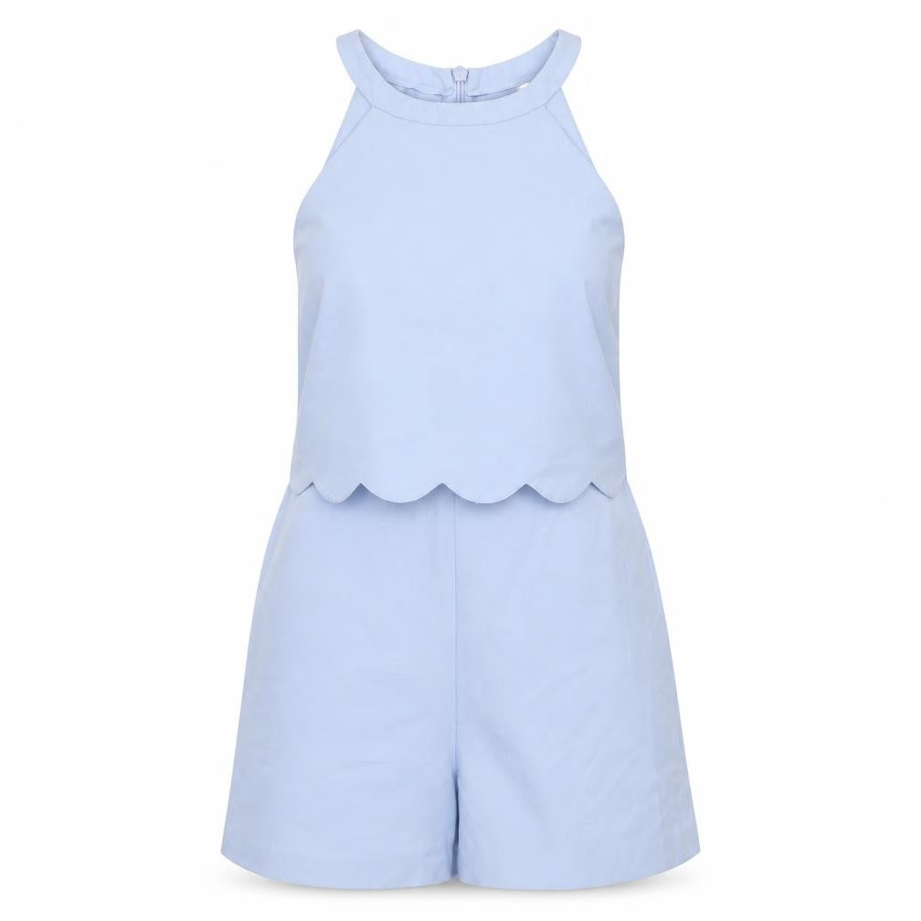 Front view of Miss Selfridge Petites Blue Scallop Hem Halter Neck Playsuit UK 8