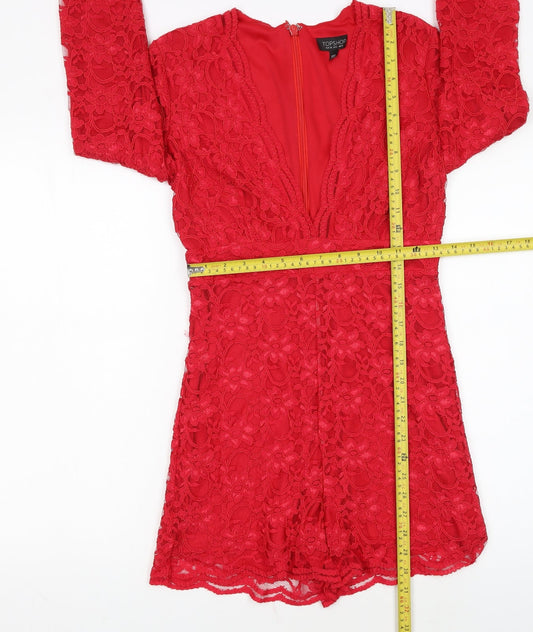 Topshop Women Red Lace Long Sleeve Playsuit UK 10 Partywear