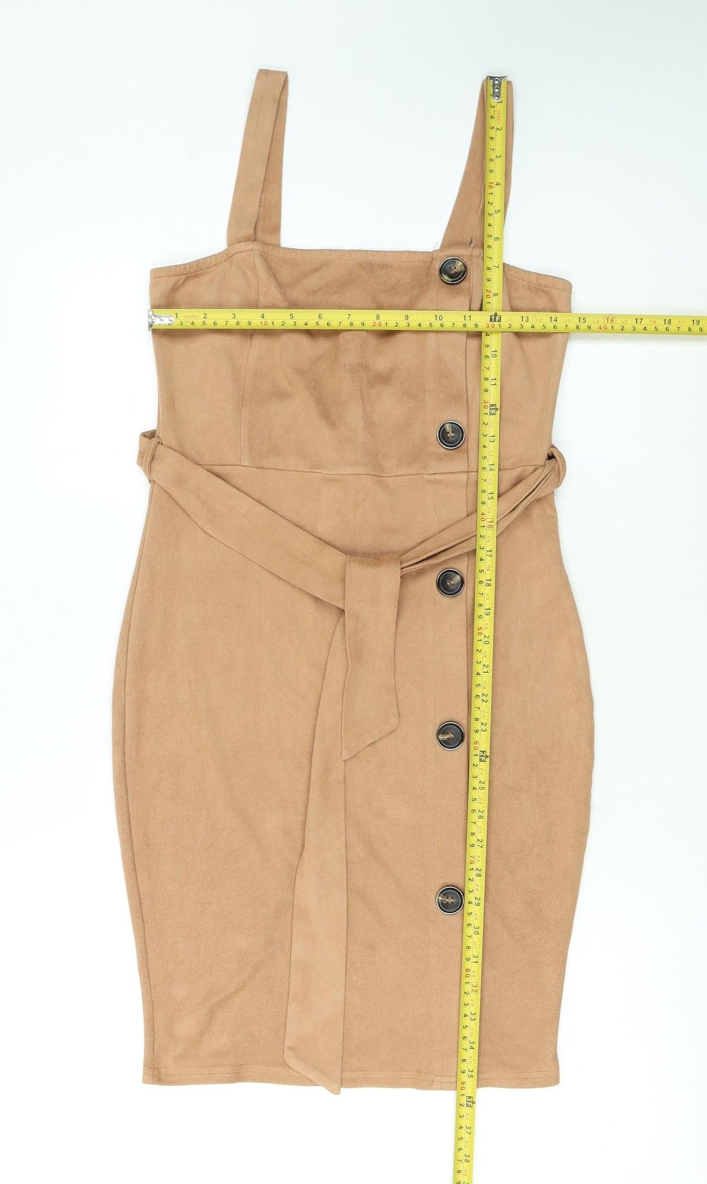 AX Paris Women Beige Size 10 Sleeveless Belted Suede Pinafore Dress
