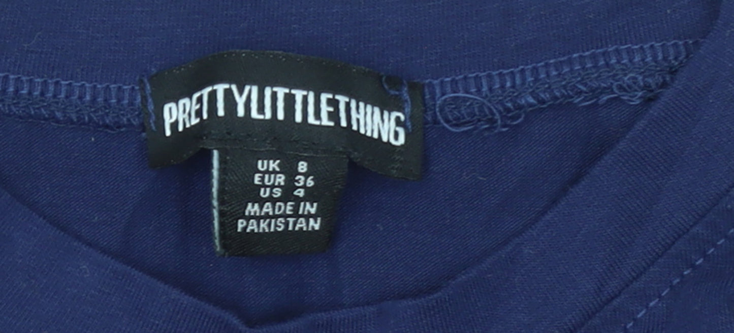 PrettyLittleThing Women Blue Cropped Long Sleeve NYC T-Shirt Size 8