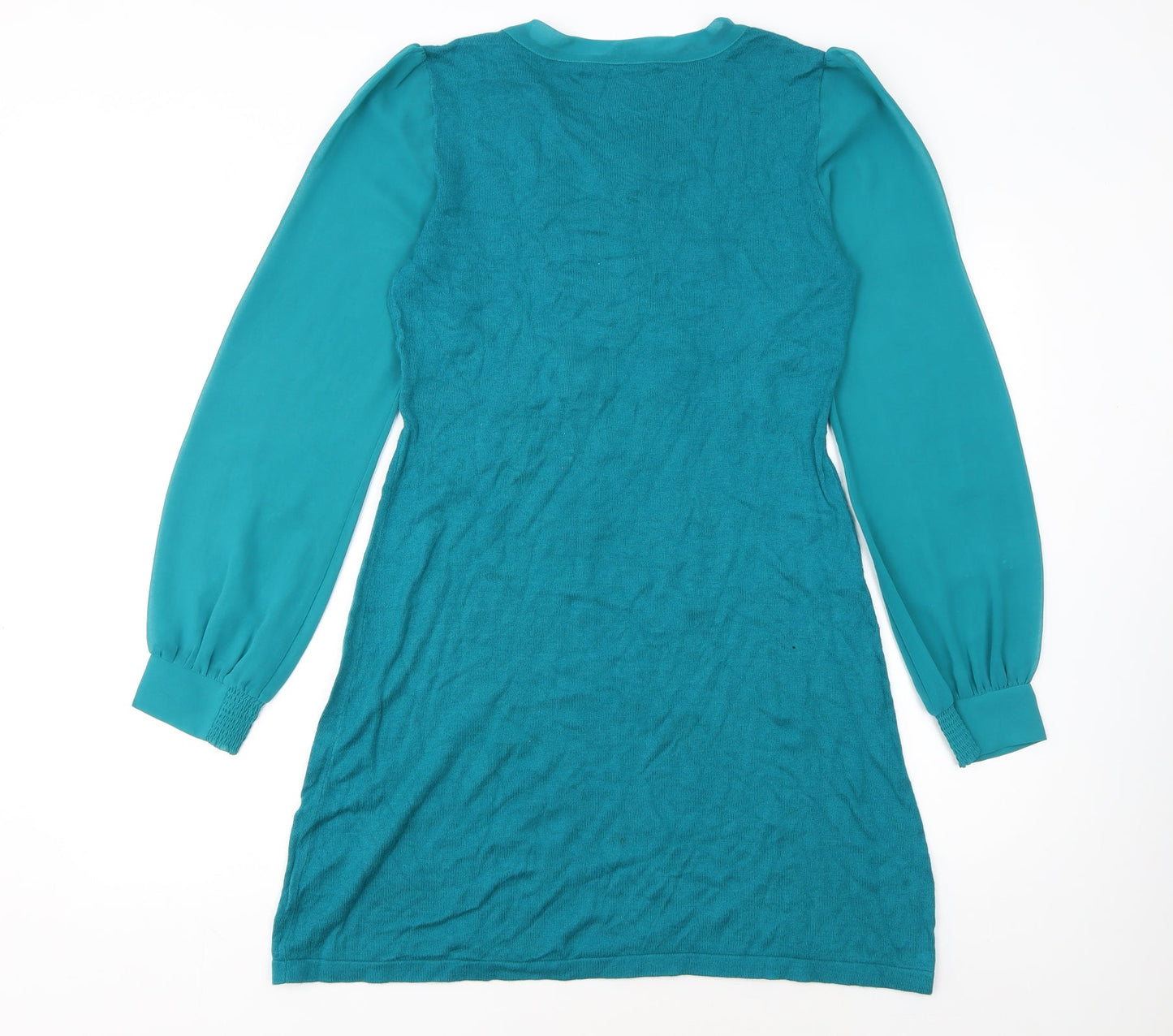 Oasis Women’s Green Long Sleeve Shift Dress Size L Pleated Tie Neck