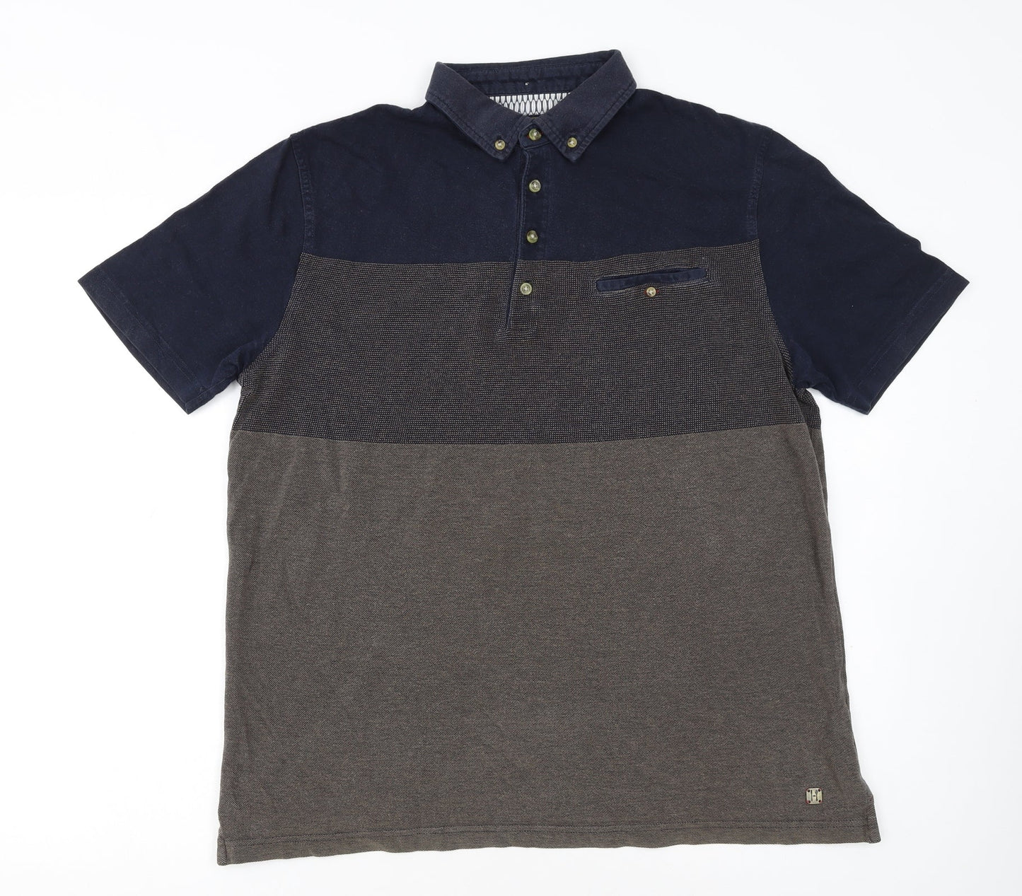 White Stuff Men's Blue Colourblock Cotton Polo Shirt Medium
