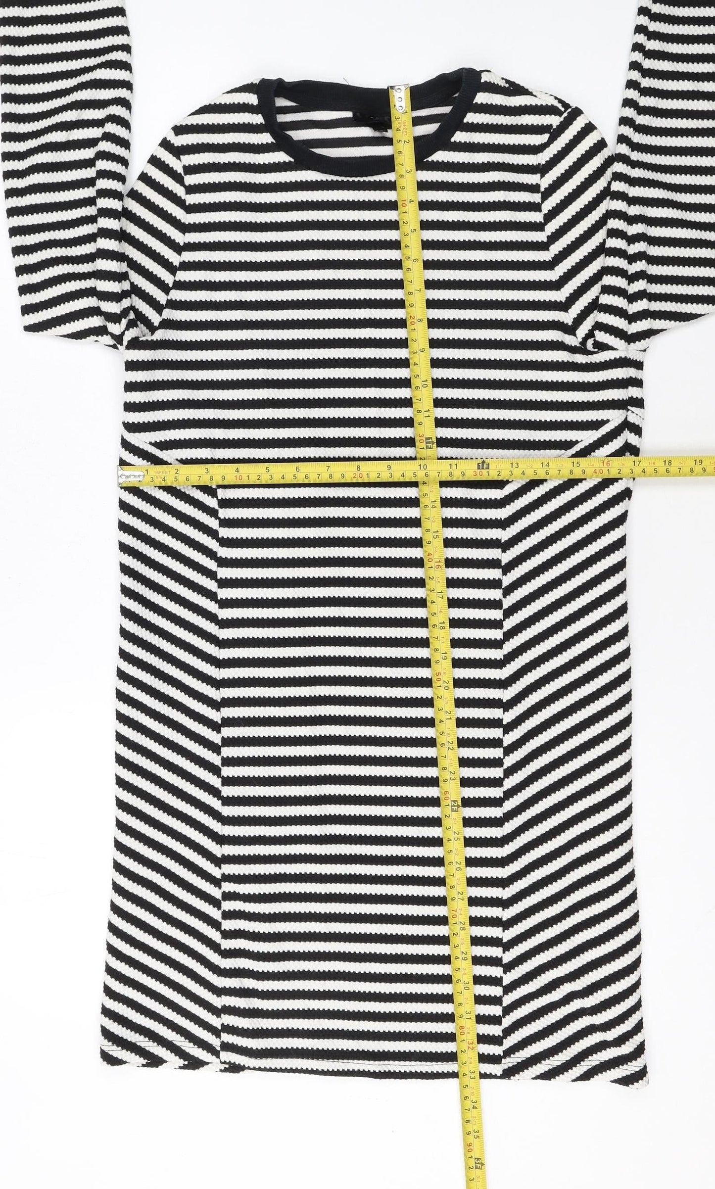 Topshop Women’s Black White Stripe Shift Dress Size 10 Knit Long Sleeve