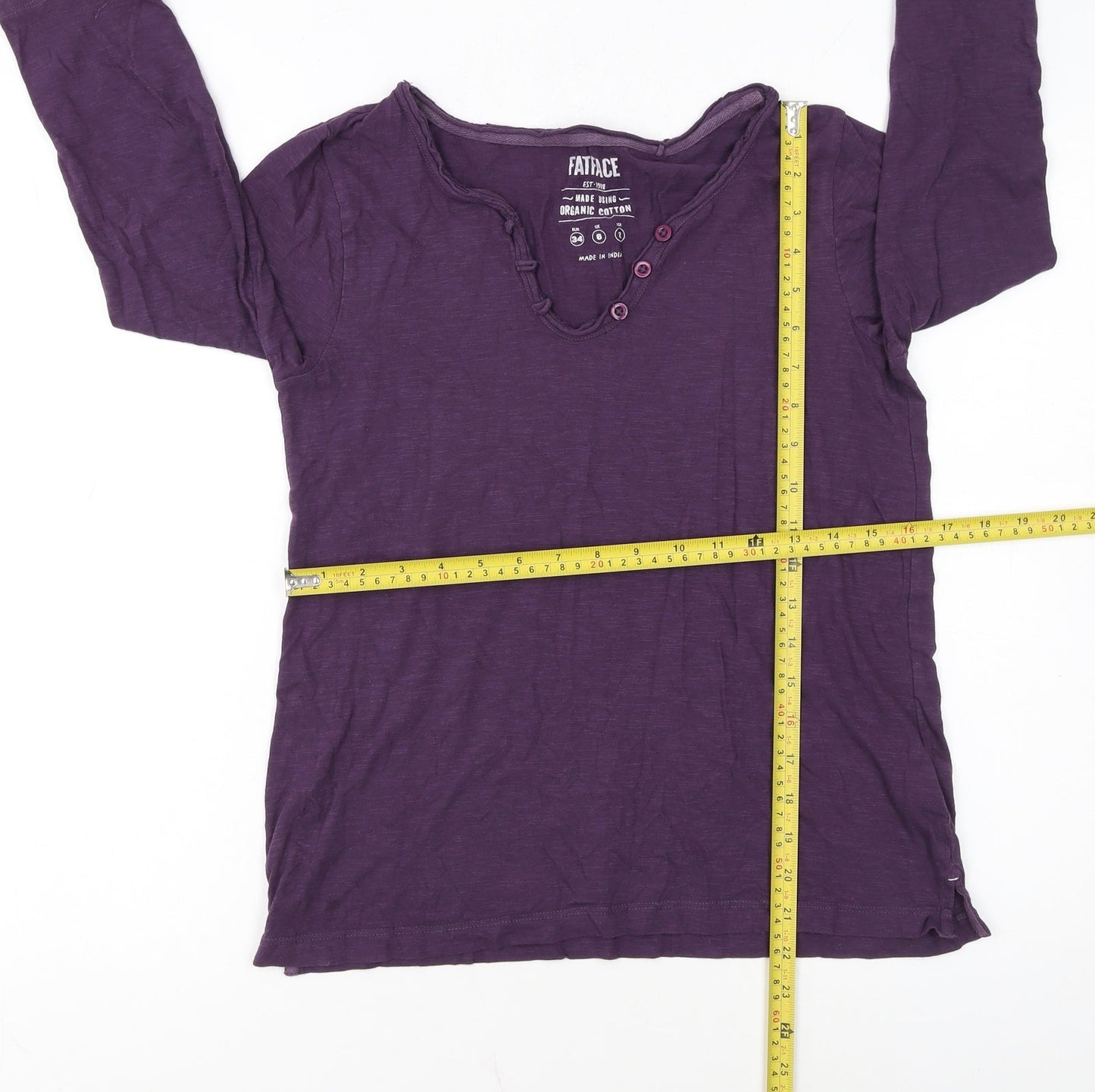 FatFace Women’s Purple 3/4 Sleeve Organic Cotton Henley T-Shirt UK 6