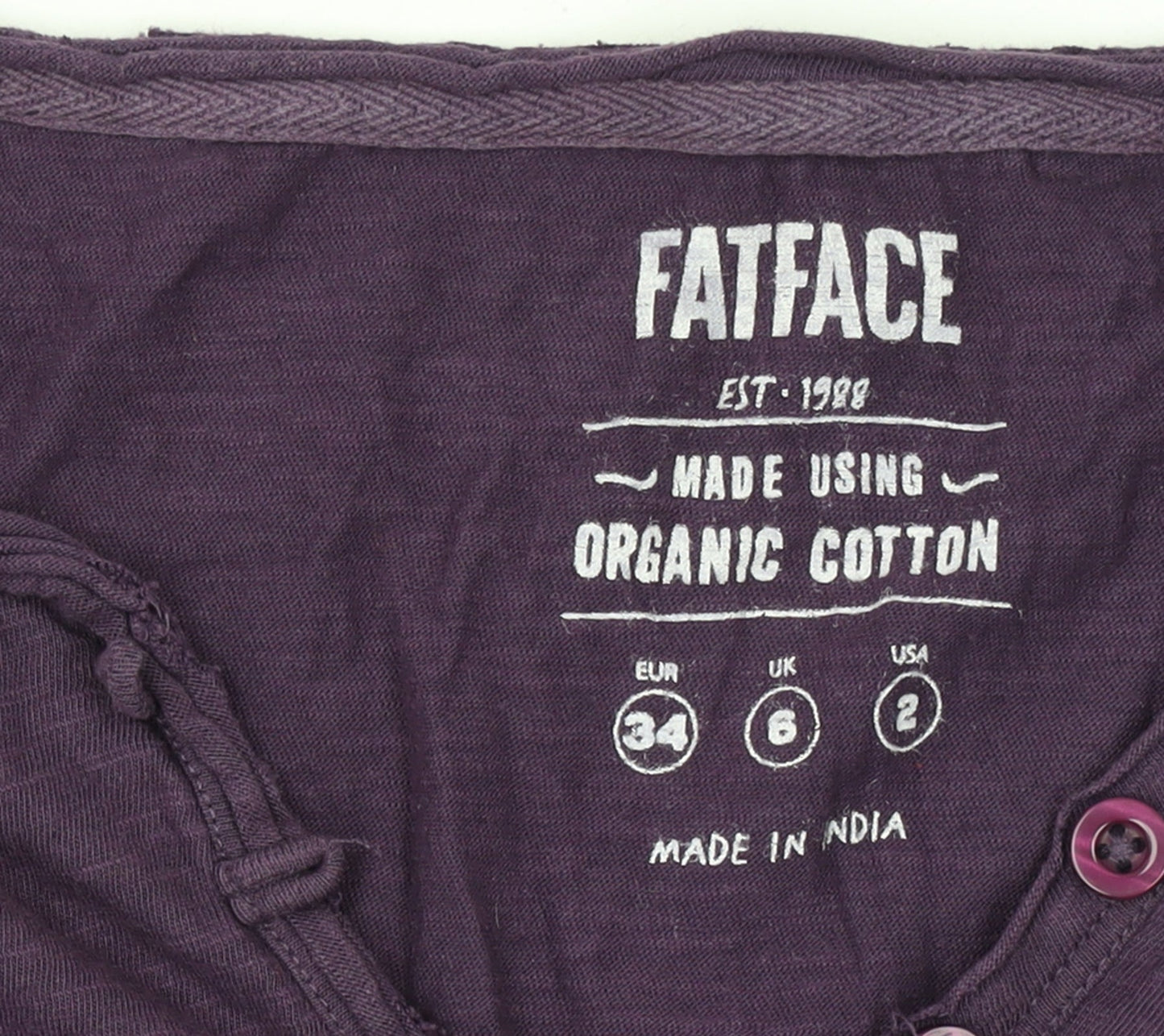 FatFace Women’s Purple 3/4 Sleeve Organic Cotton Henley T-Shirt UK 6