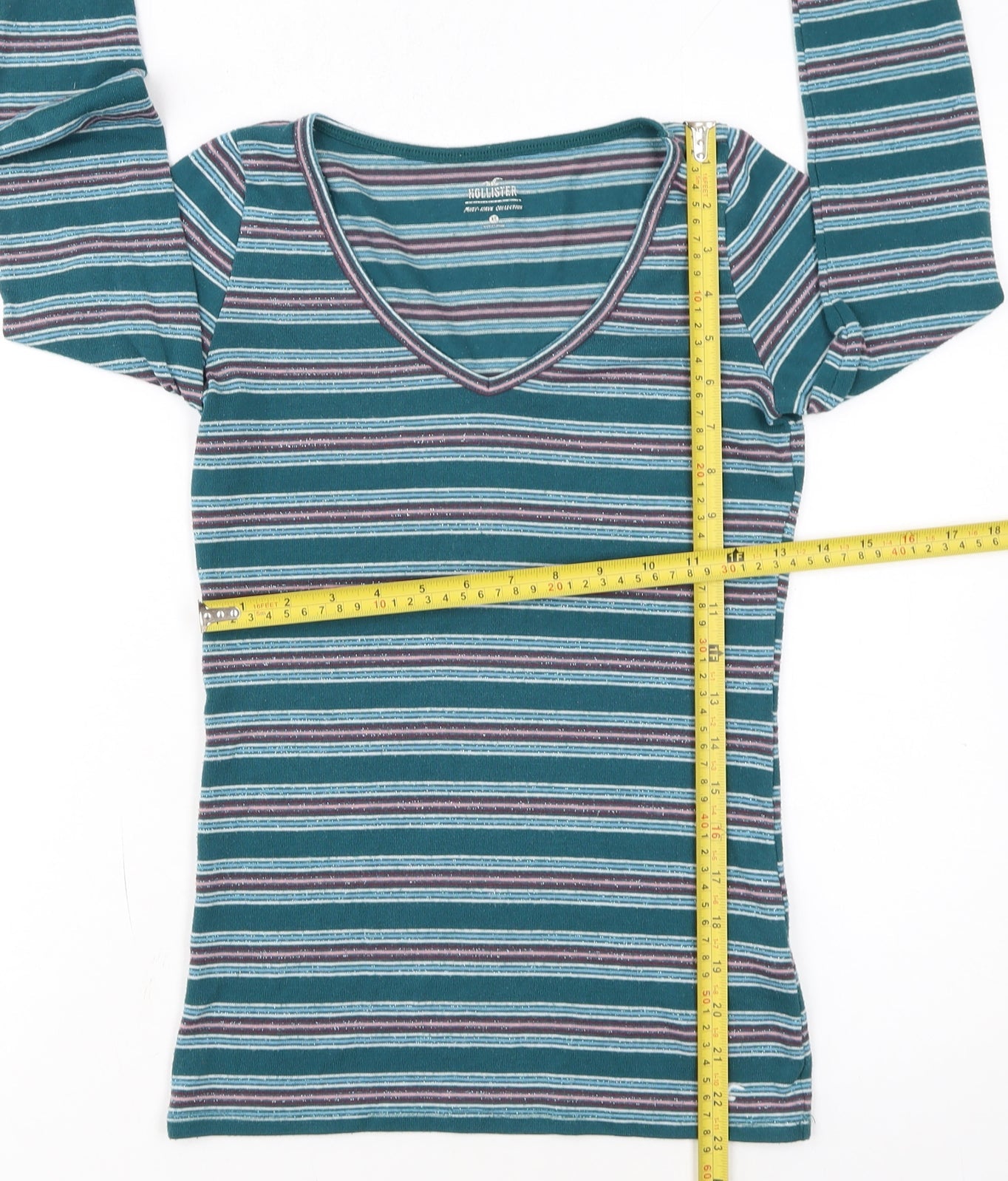 Hollister Women Blue Striped Long Sleeve V-Neck Slim Fit Top L